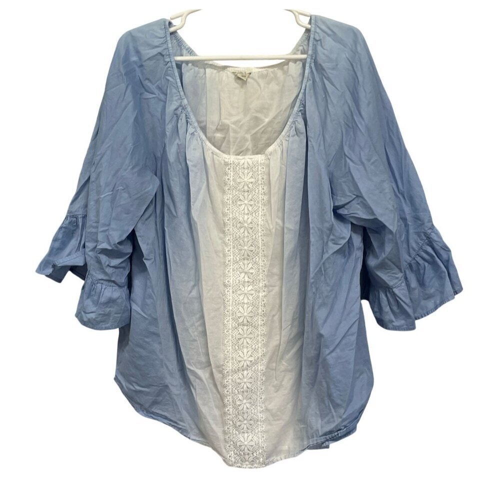 CATOS Womens Blouse Size 26/28W‎ Blue White Cotton Flutter Bell Sleeve